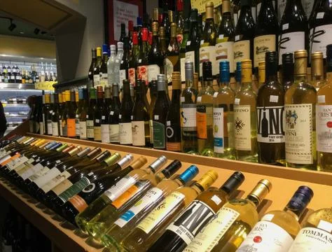 Various wine display in wine section of Eatzi's Market &amp; Bakery store Stock Photos