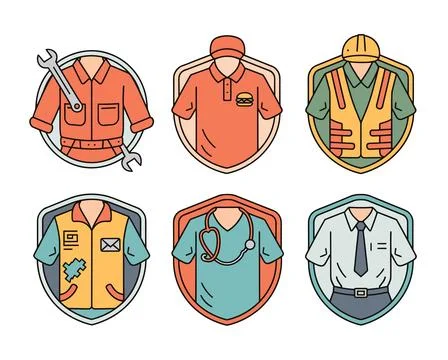 Various work uniforms and safety gear, icons, line art Stock Illustration