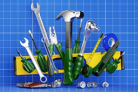 Various working tools for construction, repair. Screwdriver, level, electrica Stock Illustration
