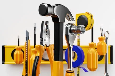 Various working tools for construction, repair. Screwdriver, level, electrica Stock Photos