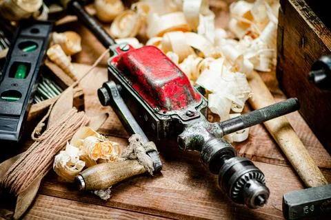Various working tools on wood on the table. Stock Photos