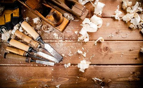 Various working tools on wood on the table. Foto stock