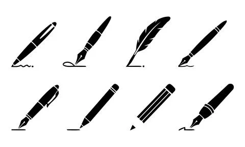 Various writing instruments including pens and pencils fountain pen Stock Illustration
