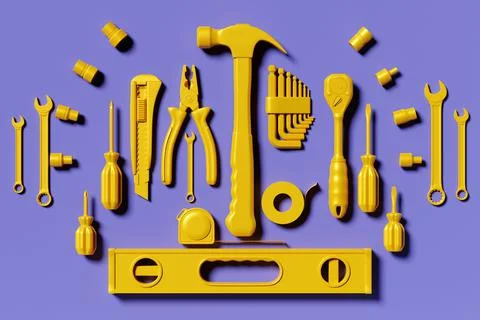 Various yellow working tools for construction, repair on purple background. S Stock Illustration