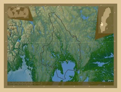 Varmland, Sweden. Colored elevation map with lakes and rivers イラスト素材