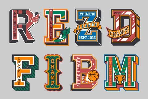 Varsity sport patch label letters, vintage font 스톡 일러스트