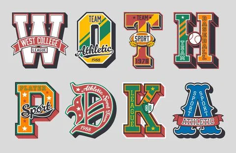 Varsity sport patch labels with letters and balls Illustrazione stock