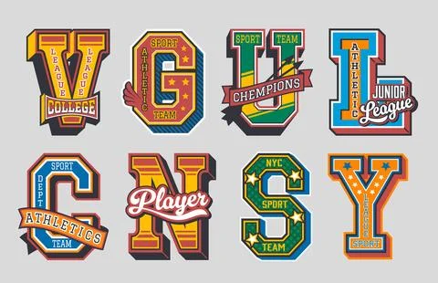Varsity sport patch labels, retro letter badges Illustrazione stock