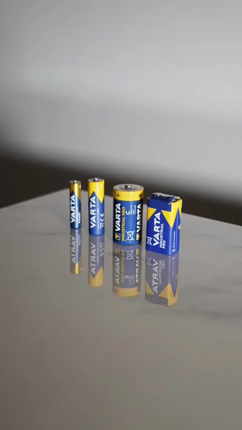 Varta Batteries of Different Sizes Displayed on a Reflective Marble Surface Stock-Footage 325629425