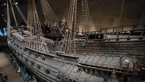 Vasa warship side hull and ornate wooden carvings. High-angle view Stock Footage 340276264
