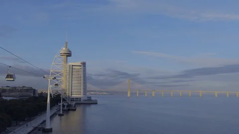 Vasco da Gama Bridge and Vasco da Gama Tower in Lisbon Video stock 327669294