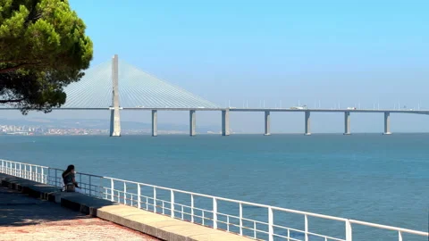 Vasco da Gama Bridge bridge seen during the day, sunny summer, Lisbon city life. Stock Footage 249797827