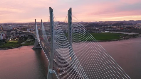Vasco Da Gama Bridge Stunning Sunset drone aerial view Lisbon - Lisboa Stock Footage