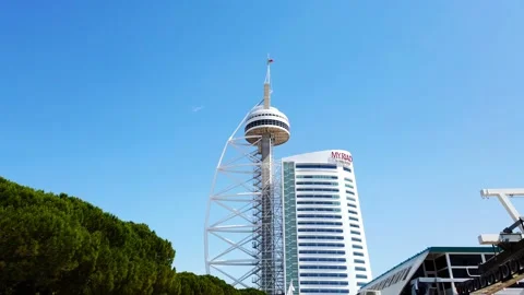 Vasco da Gama Tower and Myriad Hotel at park of Nations in Lisbon. Stock Footage 155934577