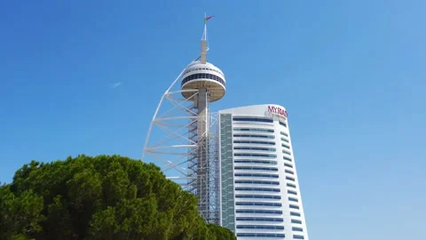 Vasco da Gama Tower and Myriad Hotel at park of Nations in Lisbon. Stock Footage 155934586