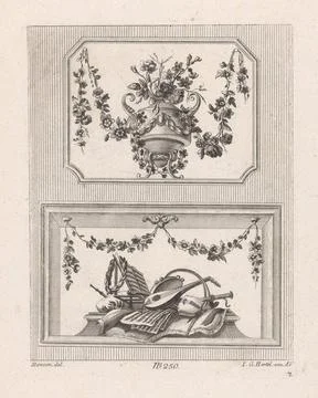 Vase and musical instruments. In a rectangular frame of flower glulands an... Stock Photos