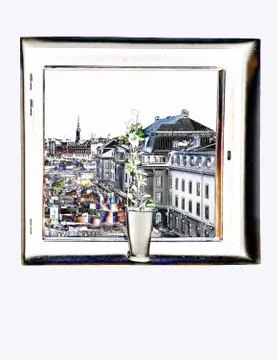 Vase and window. View through window on Railway station, Stockholm, Sweden Stock Illustration