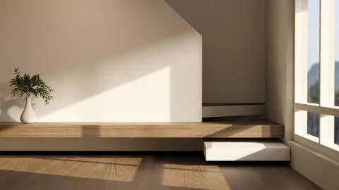 Vase aside white wall and stairs on wooden floor corridor or hallway and su.. イラスト素材