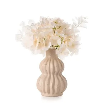 Vase of beautiful artificial hydrangea flowers isolated on white background Stock Photos
