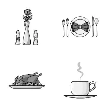 Vase with a flower, table setting, fried chicken with garnish, a cup of coffee Stock Illustration