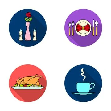 Vase with a flower, table setting, fried chicken with garnish, a cup of coffee Stock Illustration