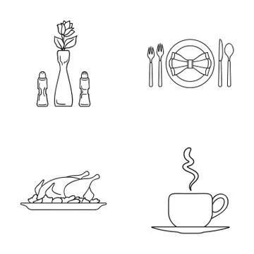 Vase with a flower, table setting, fried chicken with garnish, a cup of coffee Stock Illustration