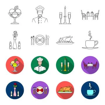 Vase with a flower, table setting, fried chicken with garnish, a cup of coffee Illustrazione stock