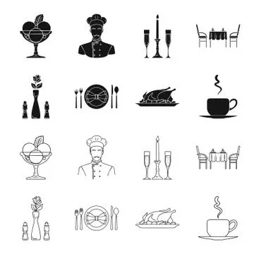Vase with a flower, table setting, fried chicken with garnish, a cup of coffee Illustrazione stock