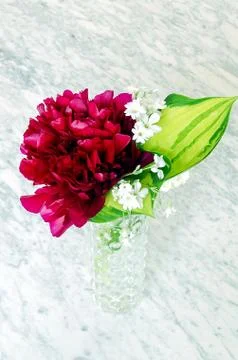 Vase with flowers on a marble table Foto stock