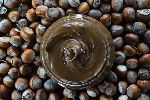 Vase with hazelnut praline paste and dry hazelnuts Stock Photos