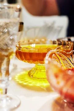 Vase with jam on the festive table Stock Photos