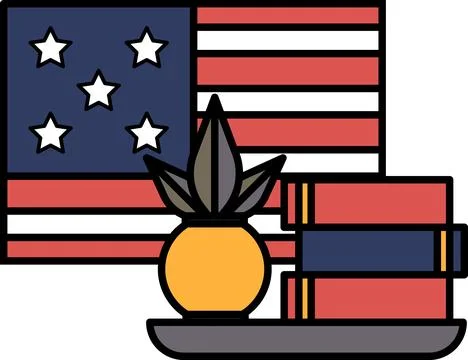 A vase with a plant in it sits on a table next to a red, white Stock Illustration