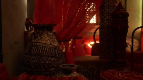 A vase sitting on top of a table next to a red curtain Stock Illustration