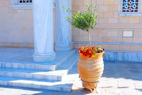 Vase with a small tree in it sits on a marble staircase Stock Photos
