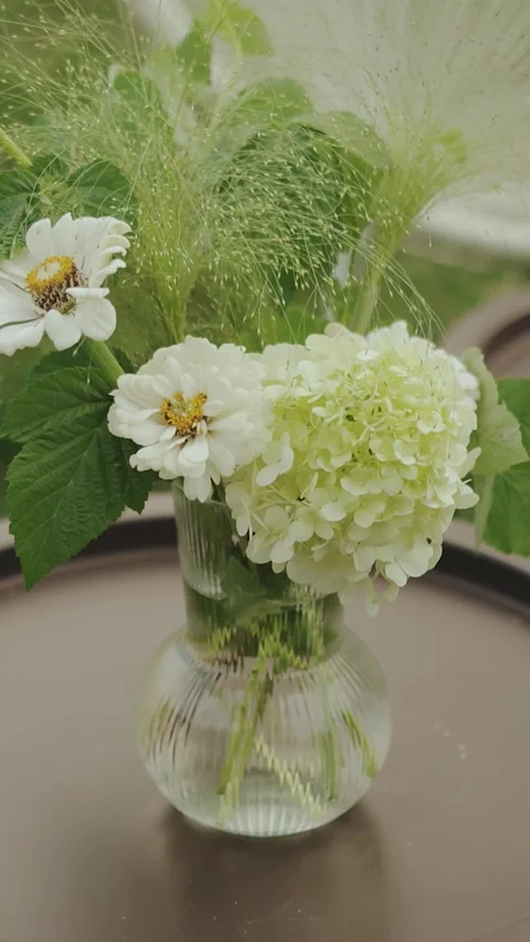 A vase of white flowers filled with charming hydrangeas and daisies stands on a Stock Footage 306585553