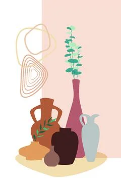 Vases in a composition with plants and shapes Stock Illustration