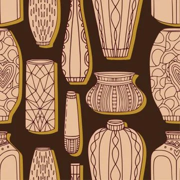 Vases seamless pattern. Pottery vases on brown background. Stock Illustration