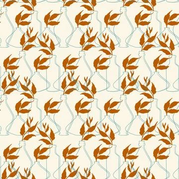 Vases simple seamless pattern. Red leaves branch in blue pot. Neutral art pri Stock Illustration