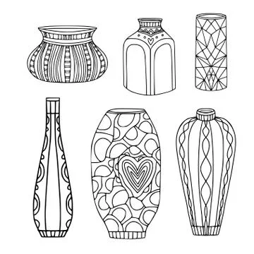 Vases vector set. Home interior decoration. Modern outline vases. Vector grap Stock Illustration
