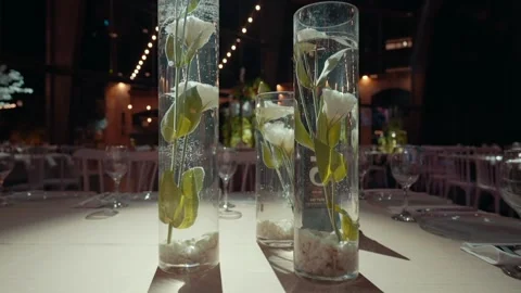 Vases with white flowers on the table in the hall Stock Footage 220609614