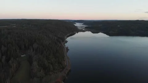 Vast Coniferous Forest Both Side of Lake, Environment Concept, Aerial Vídeos de archivo 145485634