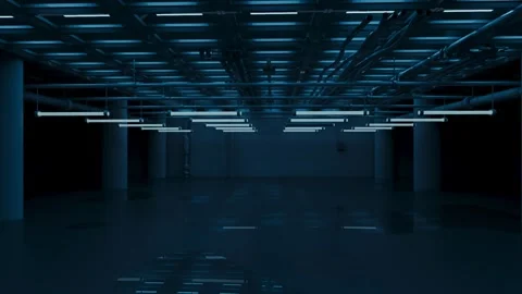 A vast, dark garage with a flickering light. Stock-Footage 335244822