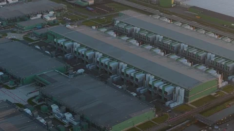 Vast data center complex in the netherlands at sunrise. Aerial view of modern Stockbeeldmateriaal 332680745