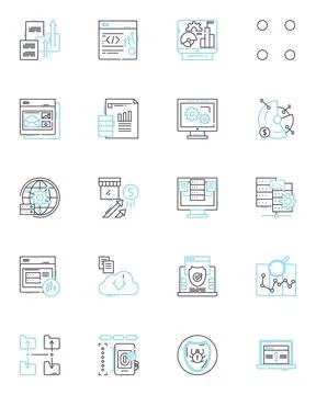 Vast data insights linear icons set. Analytics, Big data, Business intelligence Stock Illustration