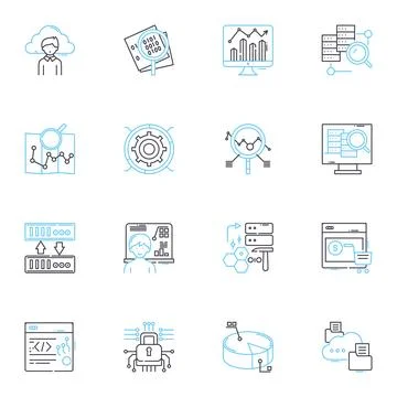 Vast data insights linear icons set. Analytics, Big data, Business intelligence Stock Illustration