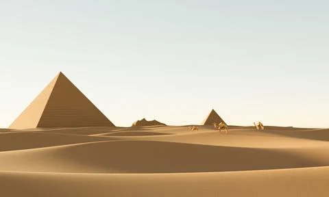 The vast desert is distant with pyramids and a number of camels walk in the d Stock Illustration
