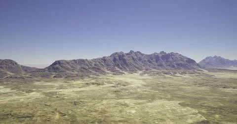 Vast desert landscape featuring rugged mountains under clear blue sky Stock Illustration