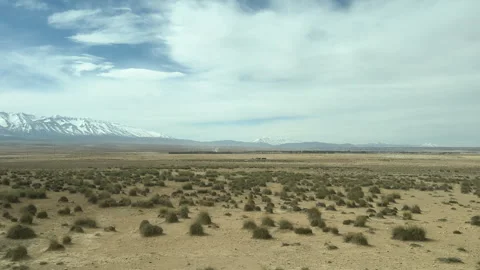 Vast, dry desert landscape with sparse vegetation and snow-covered mountains Stock Footage 332766228