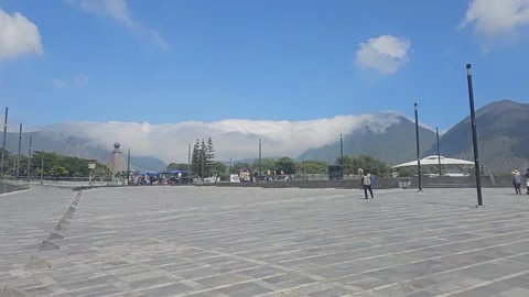 Vast Empty Plaza Toward Cloud-Capped Mountains, Mitad del Mundo, Quito, Ecuador Stock Footage 331490134
