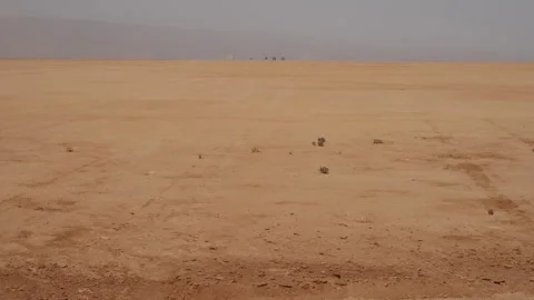 Vast Flat Sahara Desert Plain with Distant Cars in Haze and Heat in Morocco Stock Footage 336263391